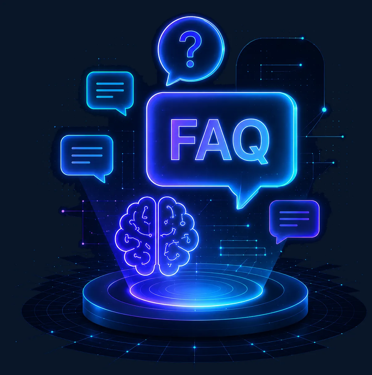 Neon-Illustration mit FAQ-Sprechblase, KI-Gehirn und Chat-Symbolen. Die Grafik steht für häufige Fragen zu KI-Automatisierung, Datenschutz, DSGVO, KI-Compliance und der Einführung von Künstlicher Intelligenz in Unternehmen.