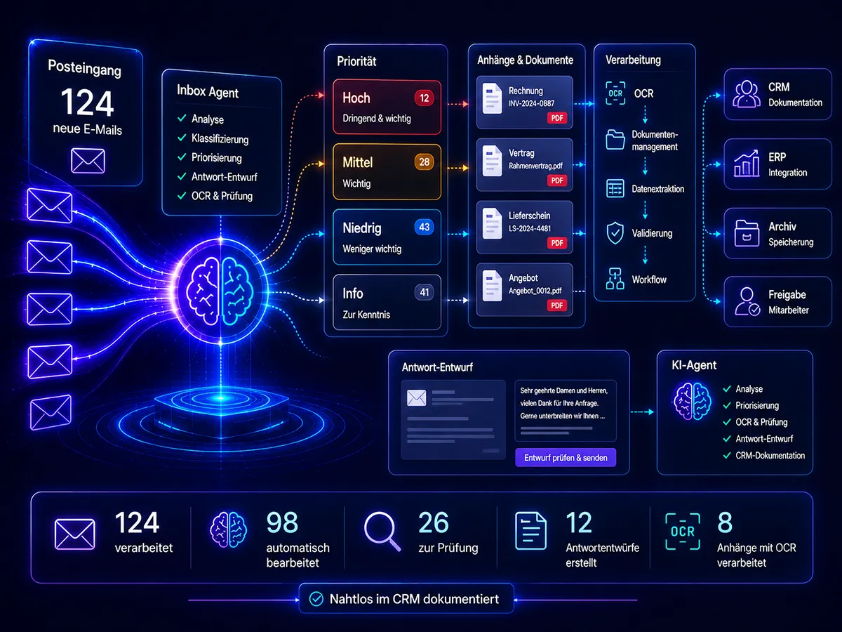 Infografik eines KI-Agenten zur automatischen E-Mail-Bearbeitung: Eingehende E-Mails werden analysiert, nach Priorität sortiert, Anhänge per OCR ausgelesen, Antwortentwürfe erstellt und nahtlos in CRM- und ERP-Systeme dokumentiert.