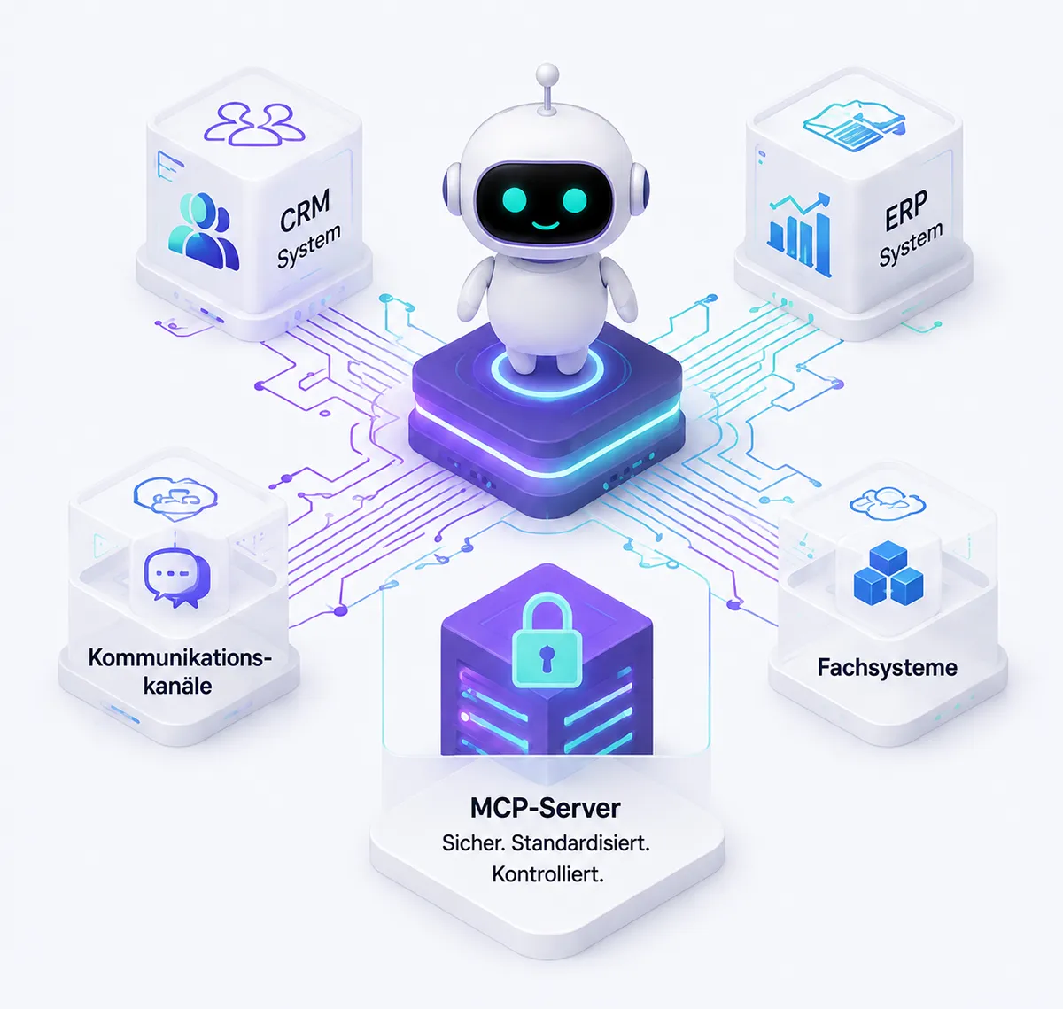 KI-Agenten-Integration über einen MCP-Server mit Anbindung an CRM-System, ERP-System, Kommunikationskanäle und Fachsysteme für sichere Prozessautomatisierung in Unternehmen.