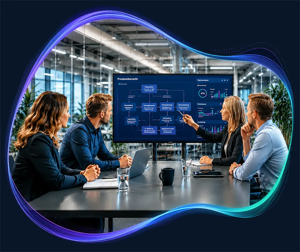 Fachkräfte analysieren gemeinsam ein Dashboard zur KI-Automatisierung und Prozessoptimierung in einem modernen Besprechungsraum. Individuelle Prozessanalyse als Grundlage für effiziente, DSGVO-konforme KI-Lösungen.