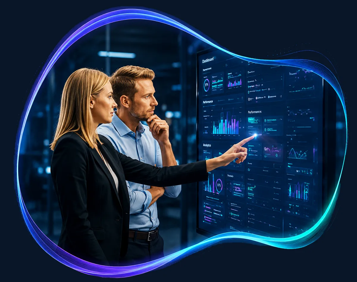Unternehmensberater analysieren ein KI-Dashboard zur Optimierung von Geschäftsprozessen und entwickeln eine individuelle KI-Strategie für die schrittweise Einführung von KI-Agenten und Workflow-Automatisierung.