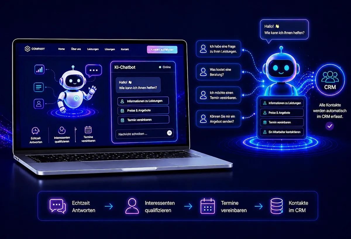 KI-Chatbot für Unternehmenswebsites beantwortet Besucheranfragen in Echtzeit, qualifiziert Interessenten, vereinbart Termine und überträgt Kontakte automatisch ins CRM.