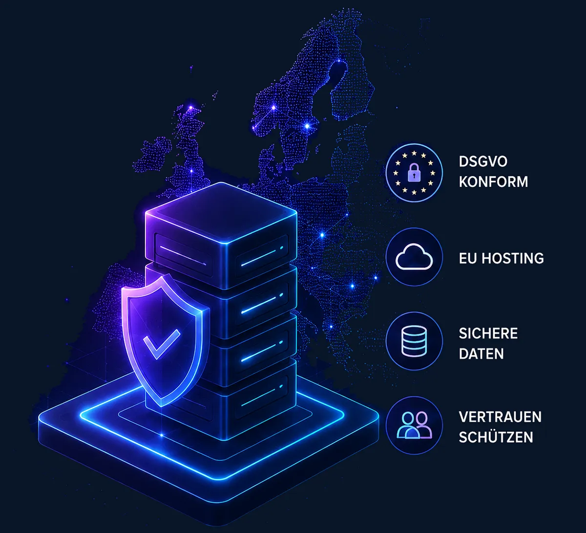 Illustration einer DSGVO-konformen KI-Automatisierung mit sicherem Server, Schutzschild, EU-Hosting und Compliance für Unternehmen. NeuroBrain Solutions entwickelt datenschutzkonforme KI-Lösungen mit europäischem Hosting und sicheren Datenprozessen.