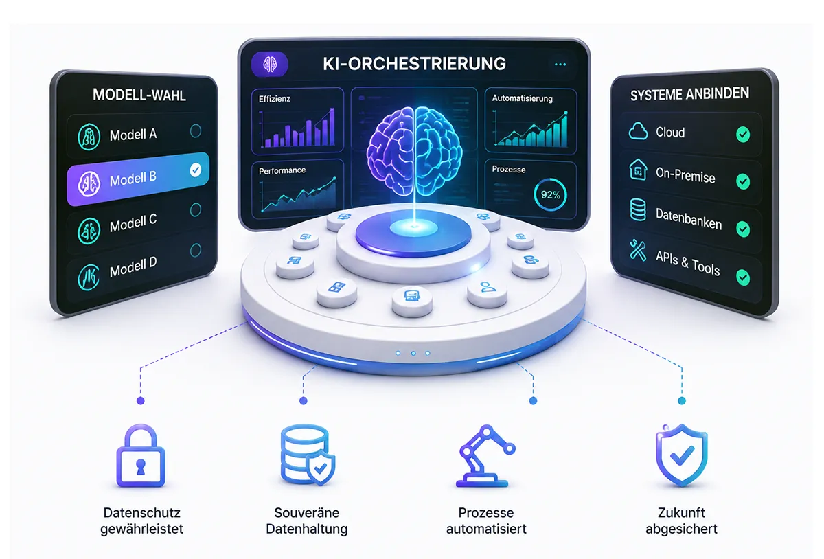 3D-Illustration einer KI-Orchestrierungsplattform für eine unabhängige KI-Strategie. Die Grafik zeigt die flexible Anbindung verschiedener KI-Modelle und Systeme, souveräne Datenhaltung, Datenschutz sowie automatisierte Prozesse ohne Vendor Lock-in.