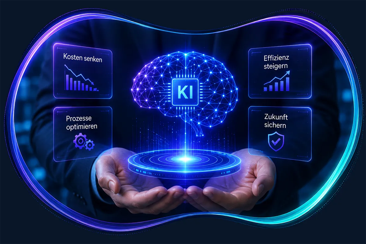 Visualisierung einer wirtschaftlichen KI-Lösung für Unternehmen mit holografischem KI-System. Symbolisiert kosteneffiziente Implementierung, Prozessoptimierung und nachhaltige Einführung von Enterprise-KI.